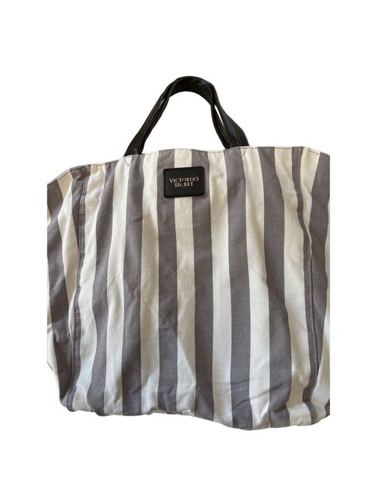 Victoria's Secret Handbags - Vtg. Women's Victoria's Secret White Grey Striped Canvas Tote Bag One Size